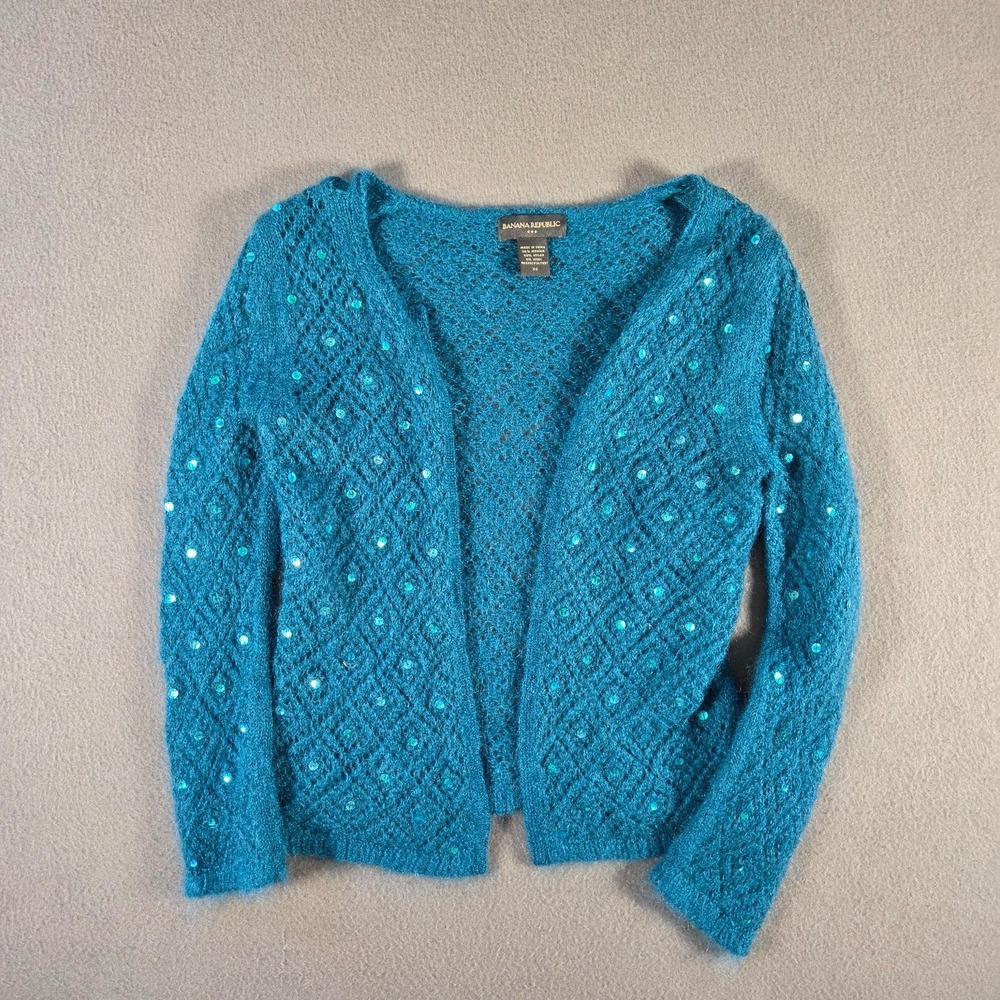 Banana Republic Sweater Womens XS Blue Mohair Wool Cardigan Open Sequin